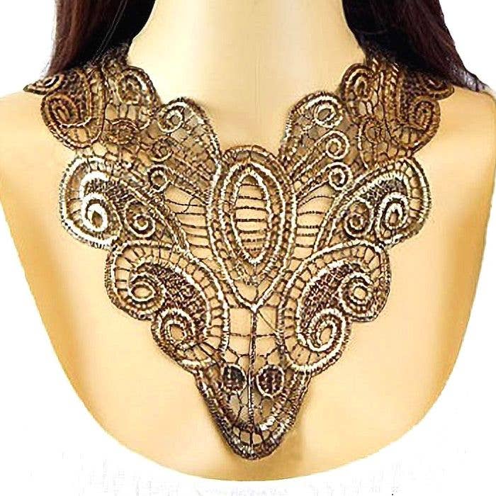 Diacly - Wholesale Bib Necklace - Gaudy Flower Lace Metallic Gold Clothing Necklace