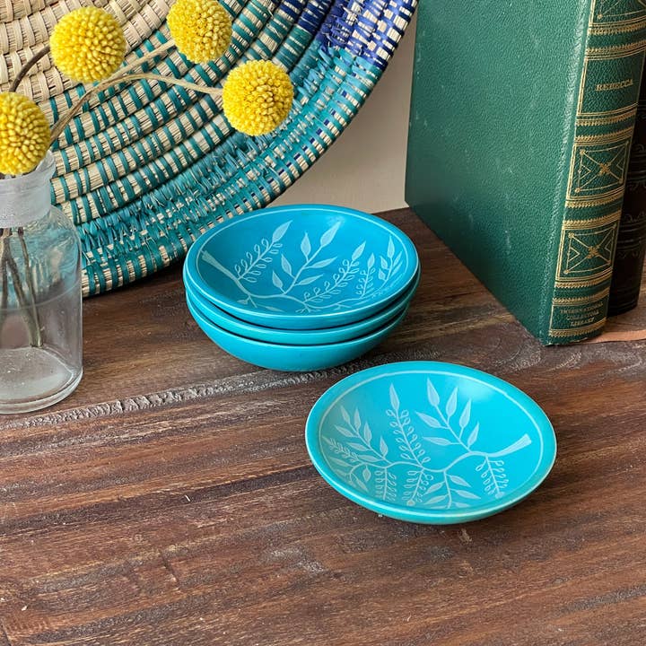 Global Crafts - Wholesale Jewelry Dish - 4-Pack - Painted Soapstone Carved Dish, Turquoise Etching
