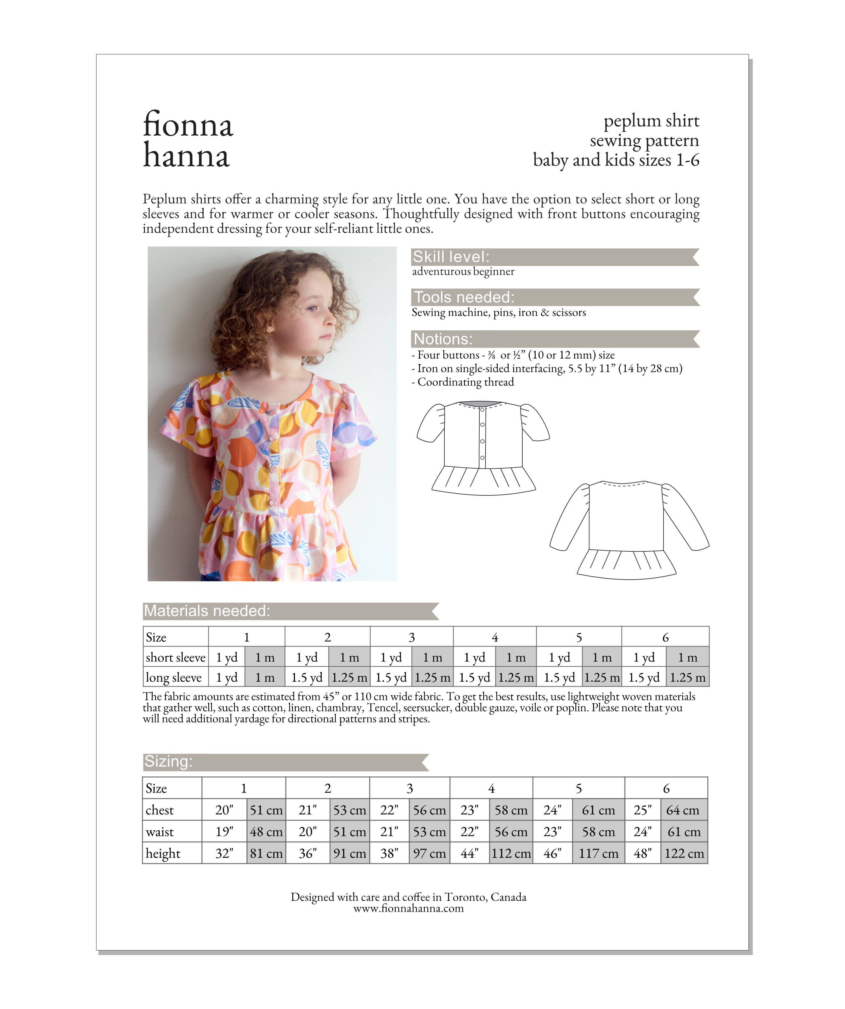 Fionna Hanna – wholesale Craft sewing kit – Peplum Shirt Sewing Pattern for Kids3
