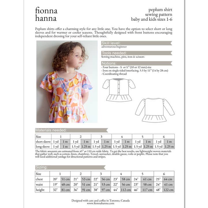 Fionna Hanna – wholesale Craft sewing kit – Peplum Shirt Sewing Pattern for Kids3