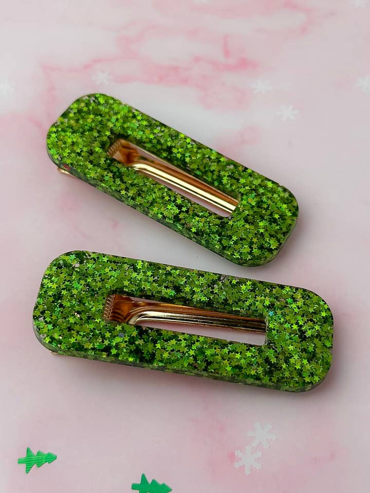 Christmas Tree - Green Oblong Glitter Resin Hair Clips for wholesale by ThatsSewLauraUk