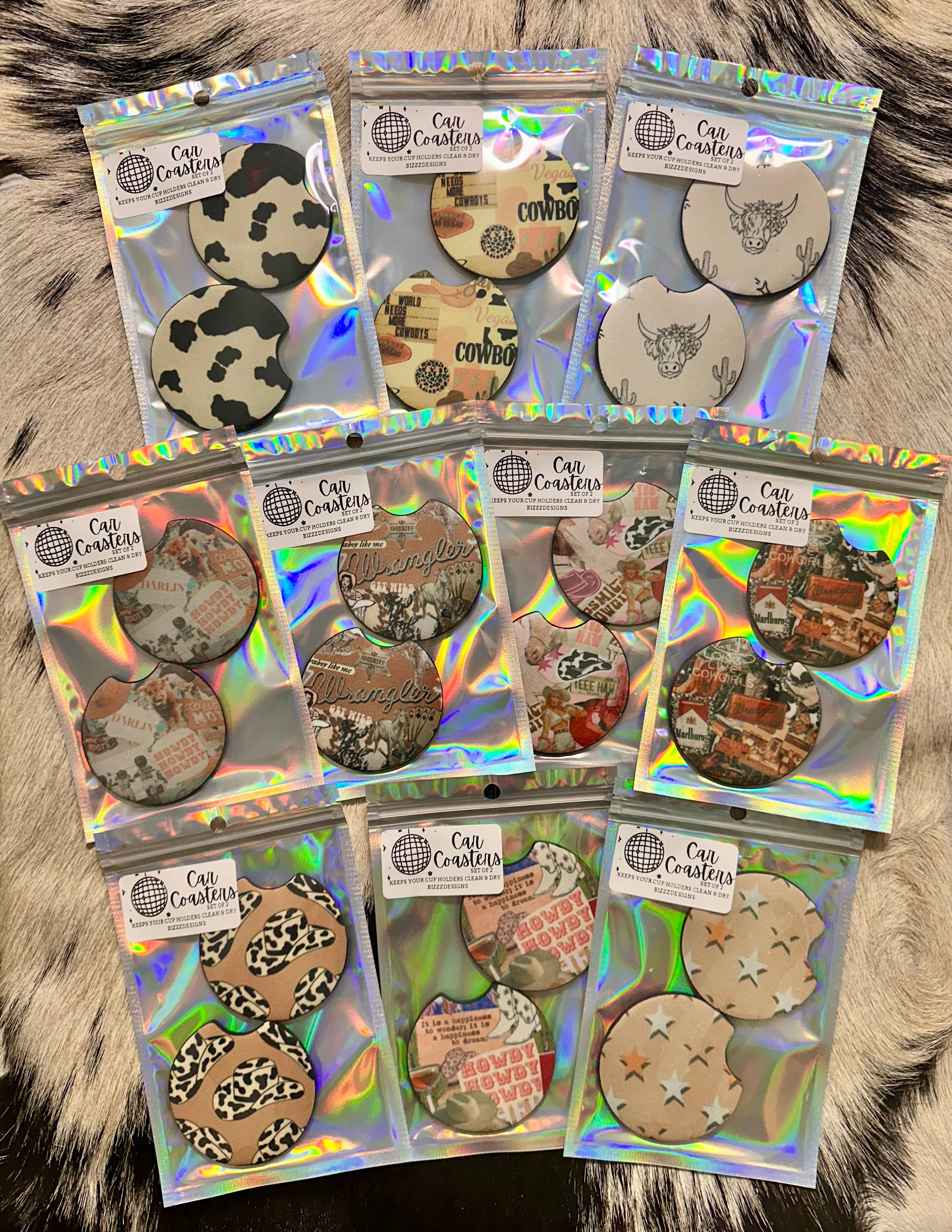 Bizzz Designs - Vendita all'ingrosso Sottobicchiere per auto - Donna - Sottobicchieri Western Car | Set di 10 sottobicchieri per auto Punchy4