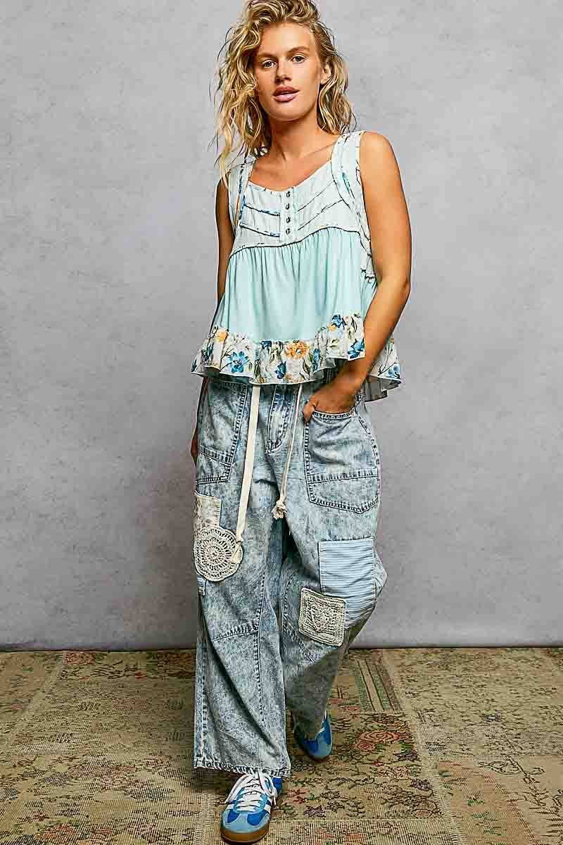 Pol Clothing - Wholesale Tank Top - Women's - Square Neck Soft POL Jersey Floral Trim Boho Tank Top9