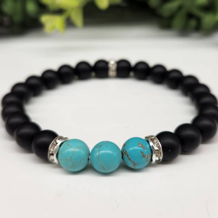 Meraki Gemstones – wholesale Beaded bracelet – Turquoise & Black Matte Obsidian Bracelet 8mm Beads, 7.5"L1