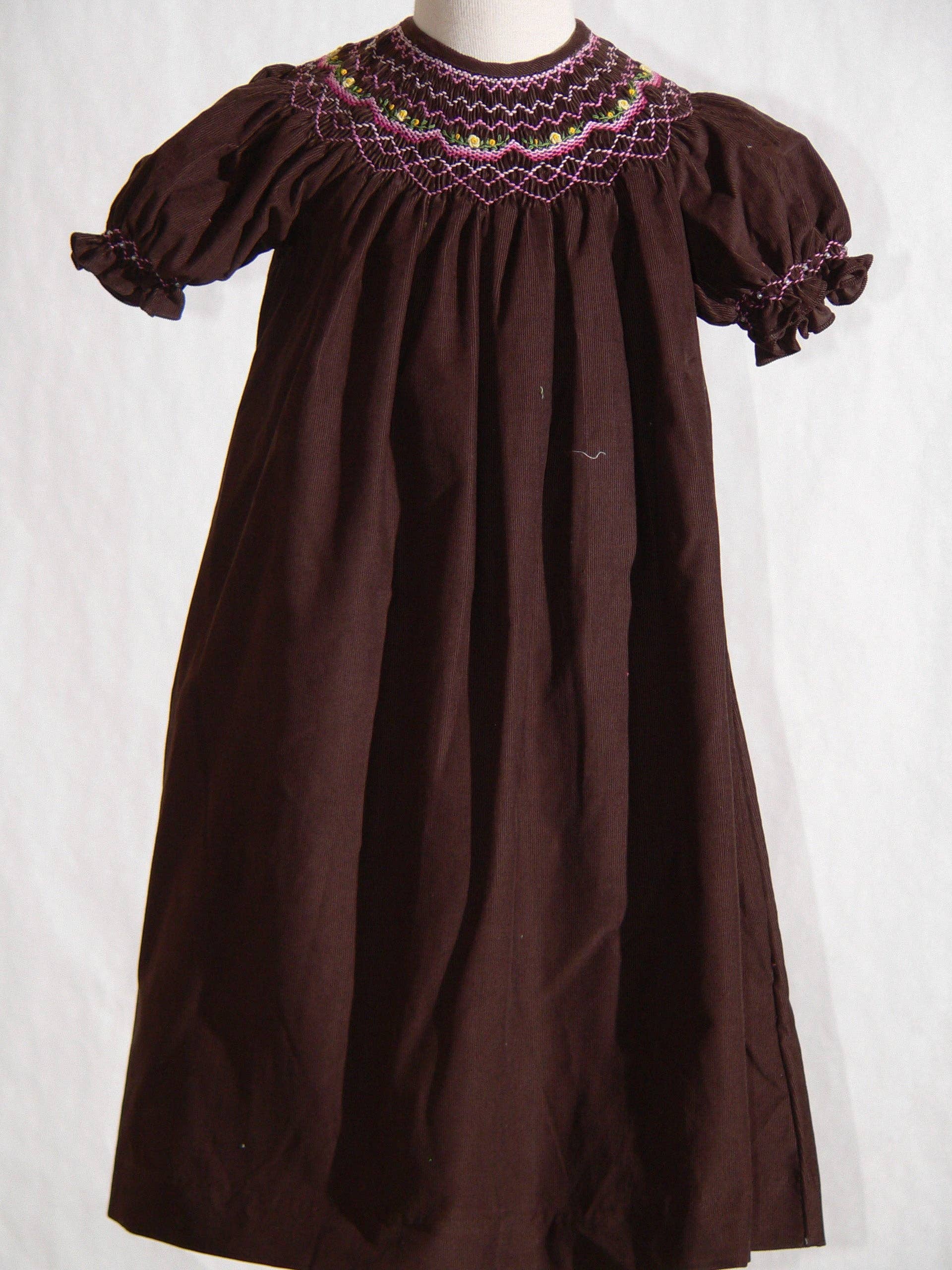 Hello Bebes! - Wholesale Dress - Kids - Chocolate Brown Corduroy Geo Smocked Short SleeveBishop Dress0