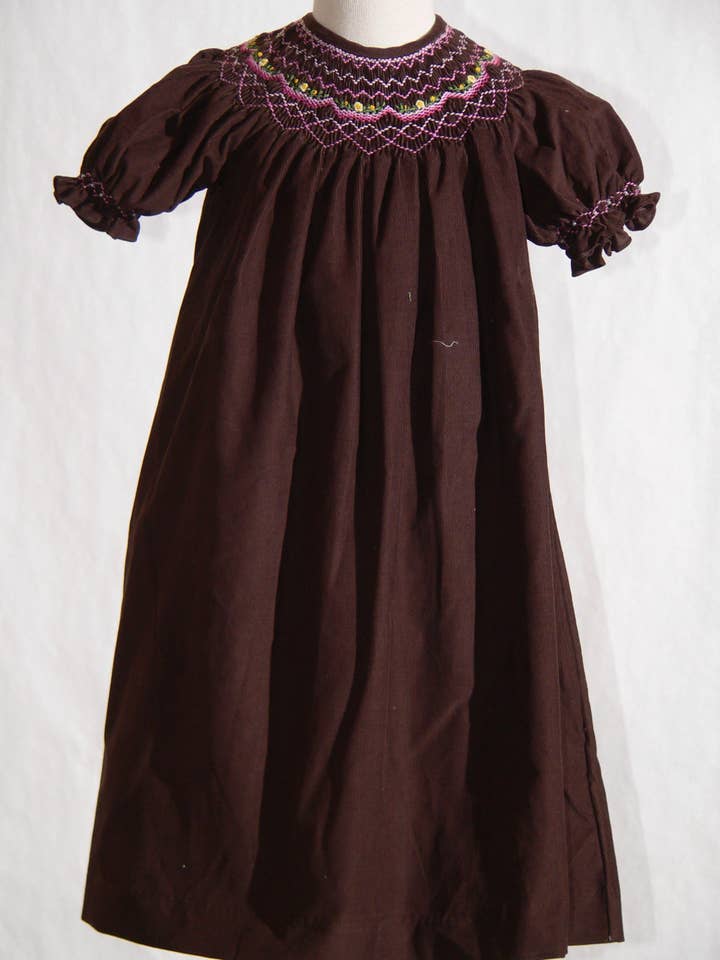 Hello Bebes! - Wholesale Dress - Kids - Chocolate Brown Corduroy Geo Smocked Short SleeveBishop Dress