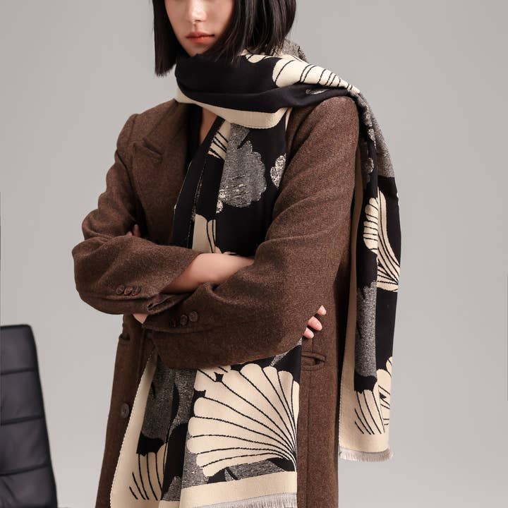 Winding River - Wholesale Wrap - Women's - Black / Cream Large Ginkgo Reversible Wrap1