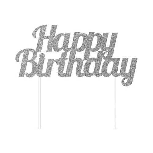 Party Expo, LLC - Wholesale Cake/Cupcake Topper - Silver Glitter 'Happy Birthday' Cake Topper