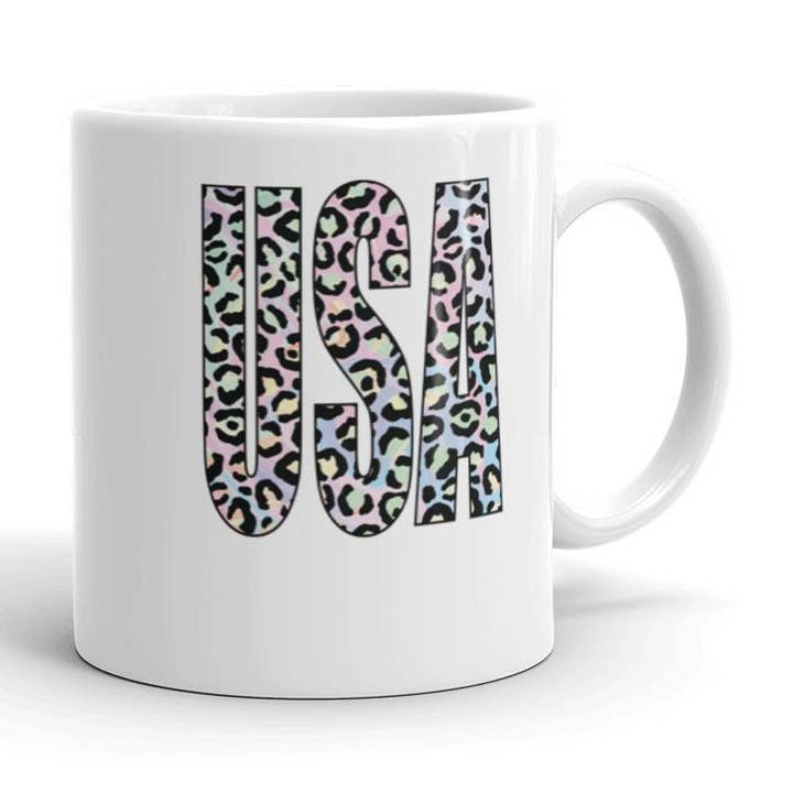 USA Rainbow Leopard Print Coffee Mug for wholesale by Words of Ivy