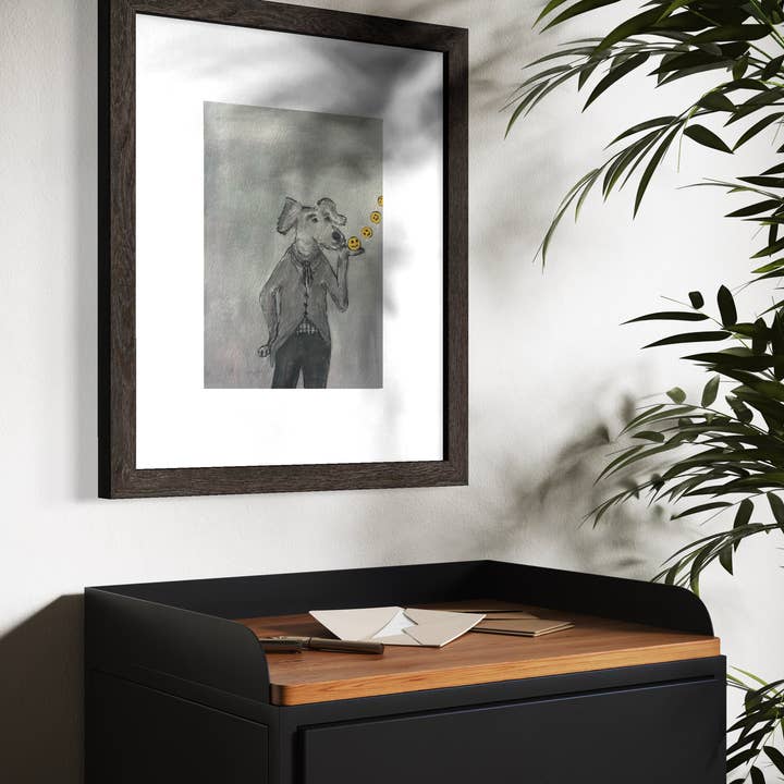 Bernie Street Studios - Wholesale Art Print - Blowing Smileys illustrated debonair dog Art Print