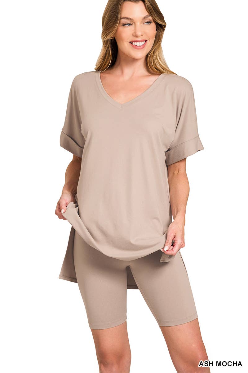 Vanilla Monkey - Wholesale Top & Short Set (NOT Loungewear) - Women's - Brushed Dty Microfiber V-neck Top And Biker Shorts1