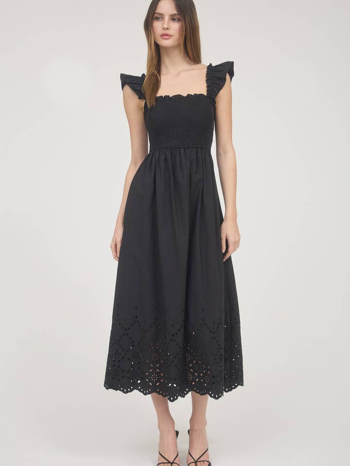 Blu Pepper - Wholesale Dress - Women's - SMOCKED RUFFLE SLEEVE EYELET HEM MIDI DRESS