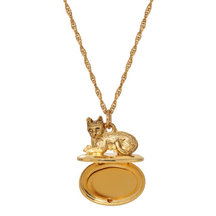 1928 Jewelry Gold Perched Cat Double Photo Locket Necklace 28" for wholesale on Faire1