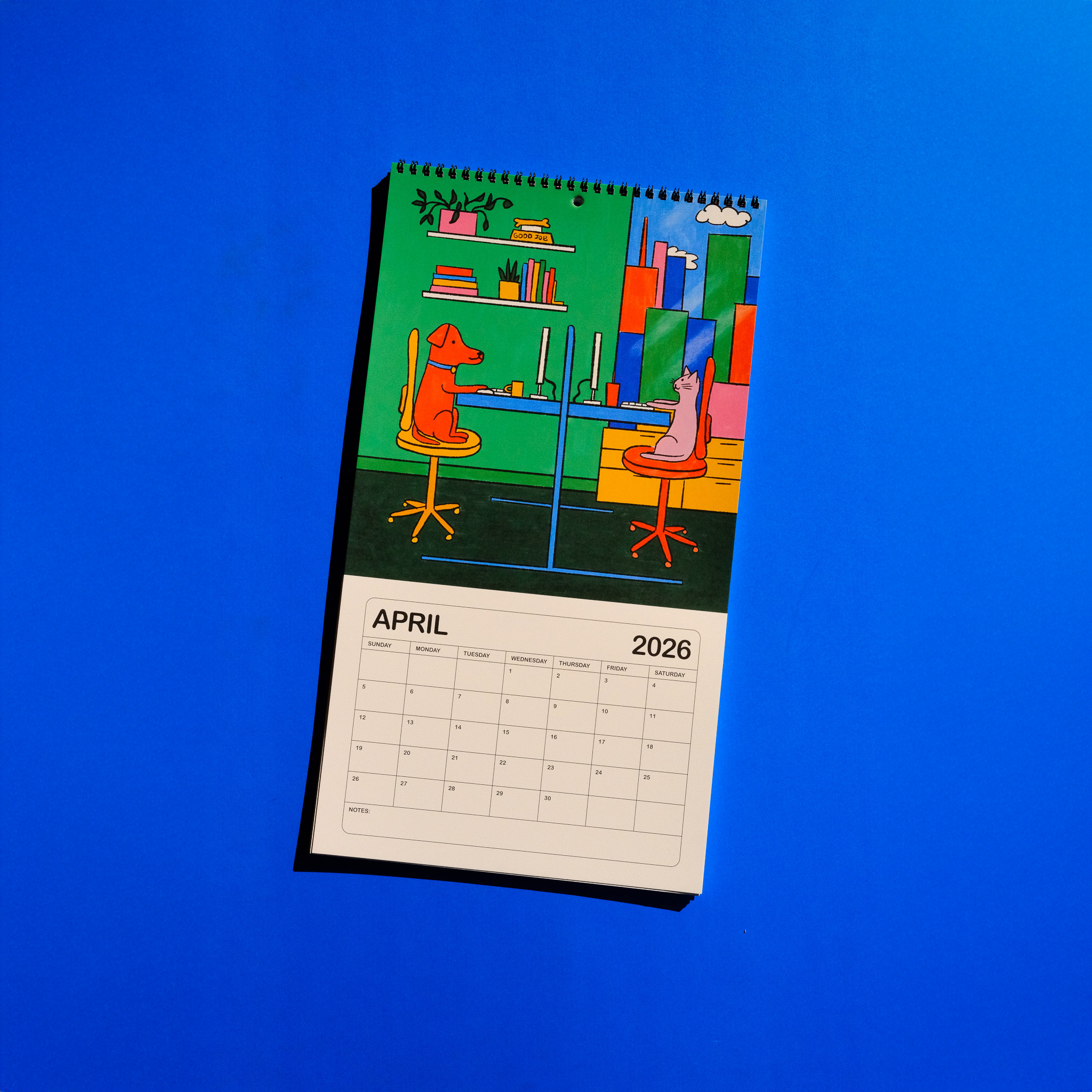 Gab Art & Design – wholesale Calendar – 2026 illustrated wall calendar: a day in the life of corporate cats + dogs2