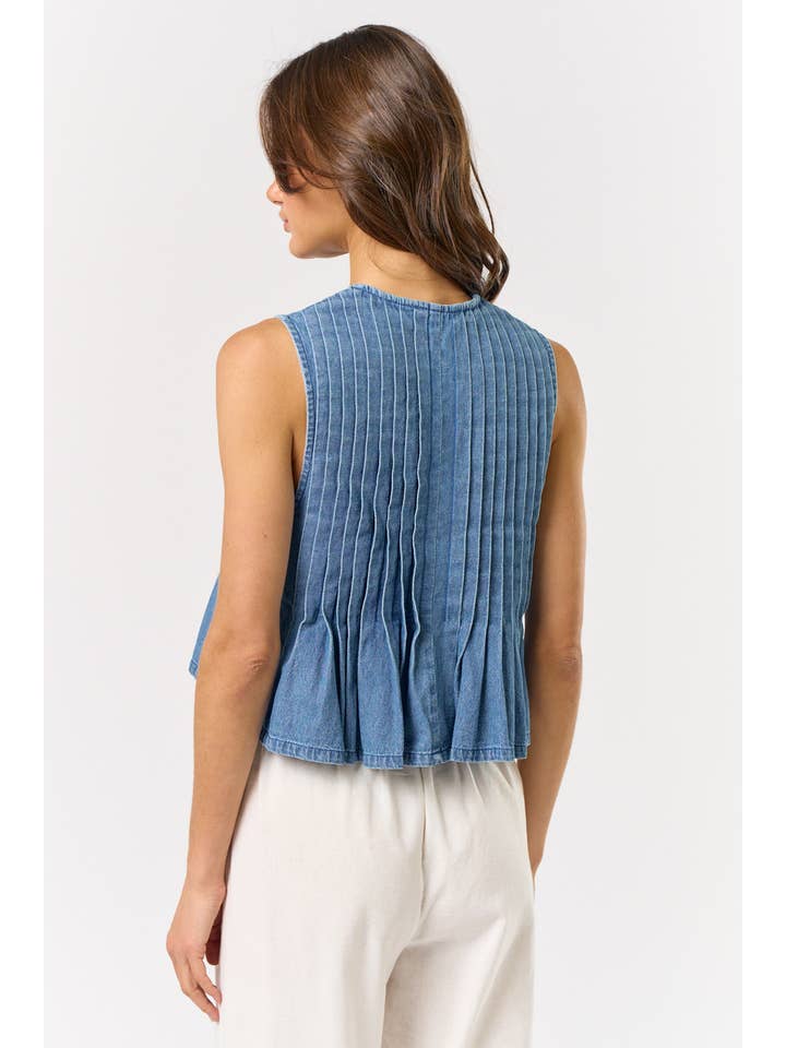 ILT5631 Denim Front Tie Pleated Top for wholesale on Faire