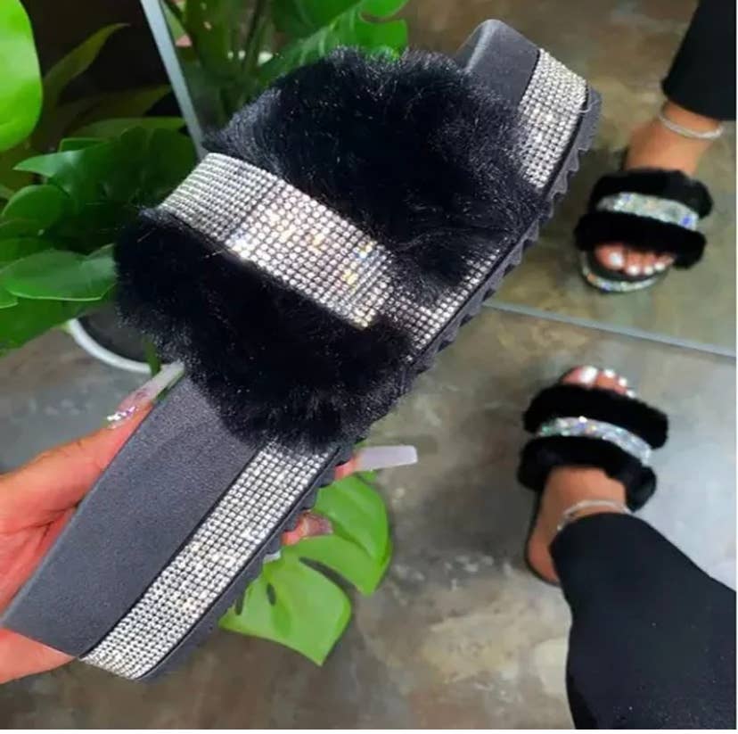 SugarQuoteMeNot LLC - Wholesale Slides - Women's - ***New Color***Furry Diamond Bling Slides1