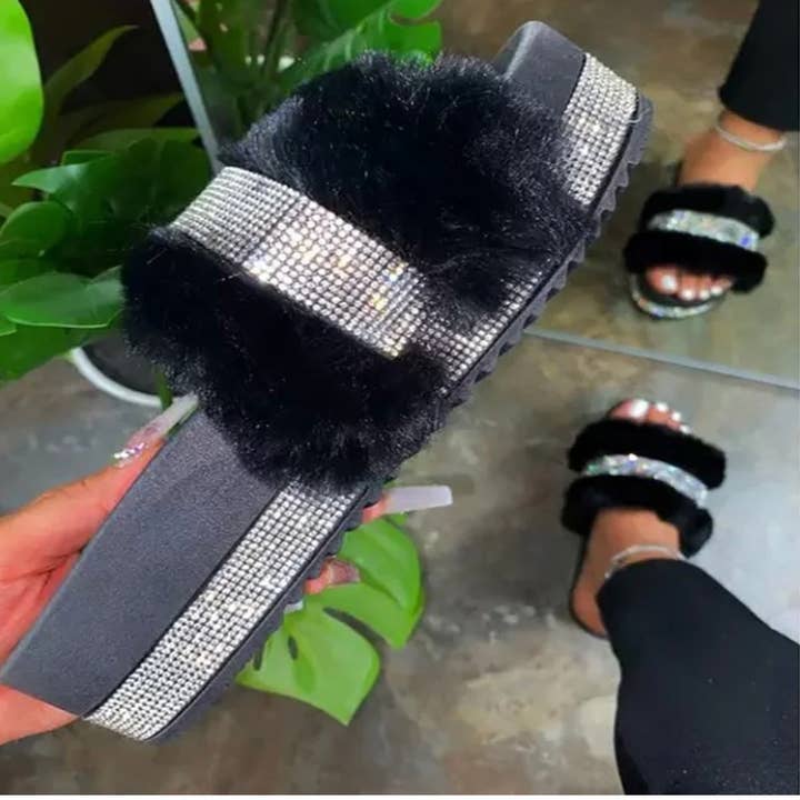 SugarQuoteMeNot LLC - Wholesale Slides - Women's - ***New Color***Furry Diamond Bling Slides1