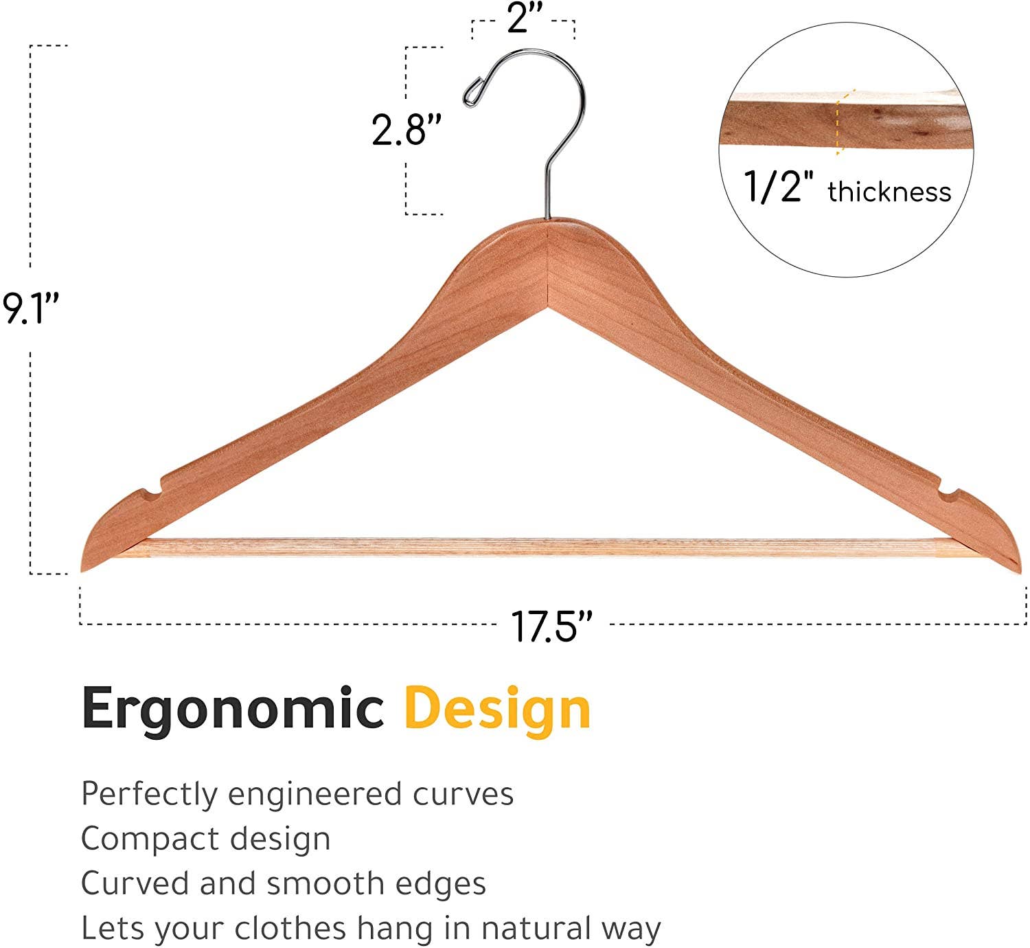 Quality Hangers – Cabides por atacado – Cabide semi-curvo de madeira natural de 44,5 cm - W030, pacote com 90 unidades6