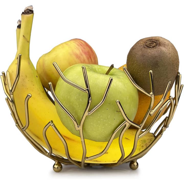 The Wine Savant / Khen Glassware - Wholesale Decorative tabletop object - Gold Tree Branch Fruit Bowl, 9" Stainless Steel 2