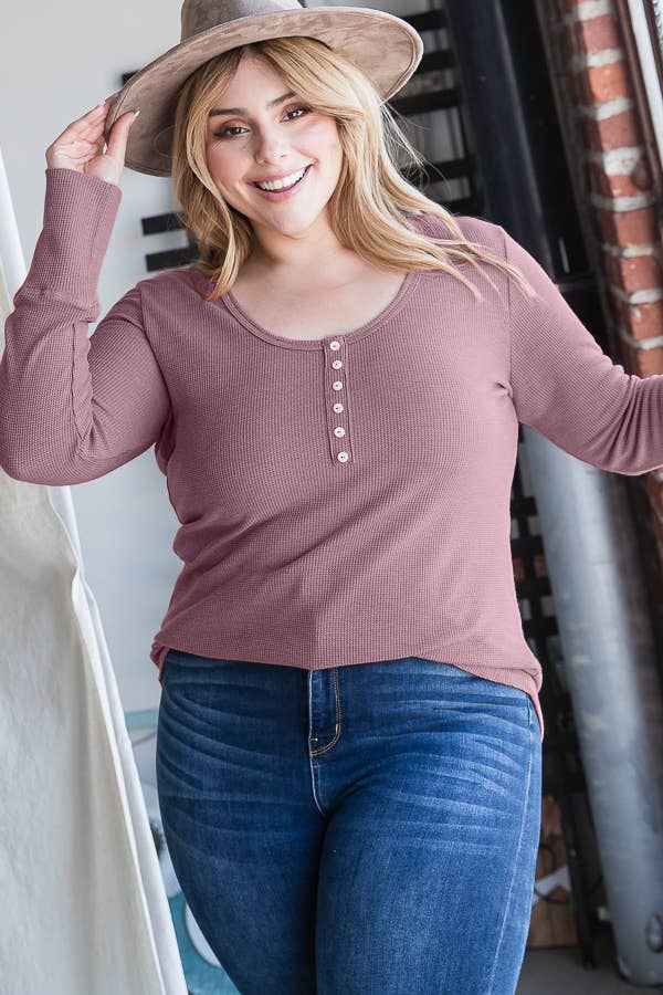 7th Ray - Wholesale Knit Top - Women's - [PLUS SIZE] Thermal Button Front Scoop Neck Top T4316XL12