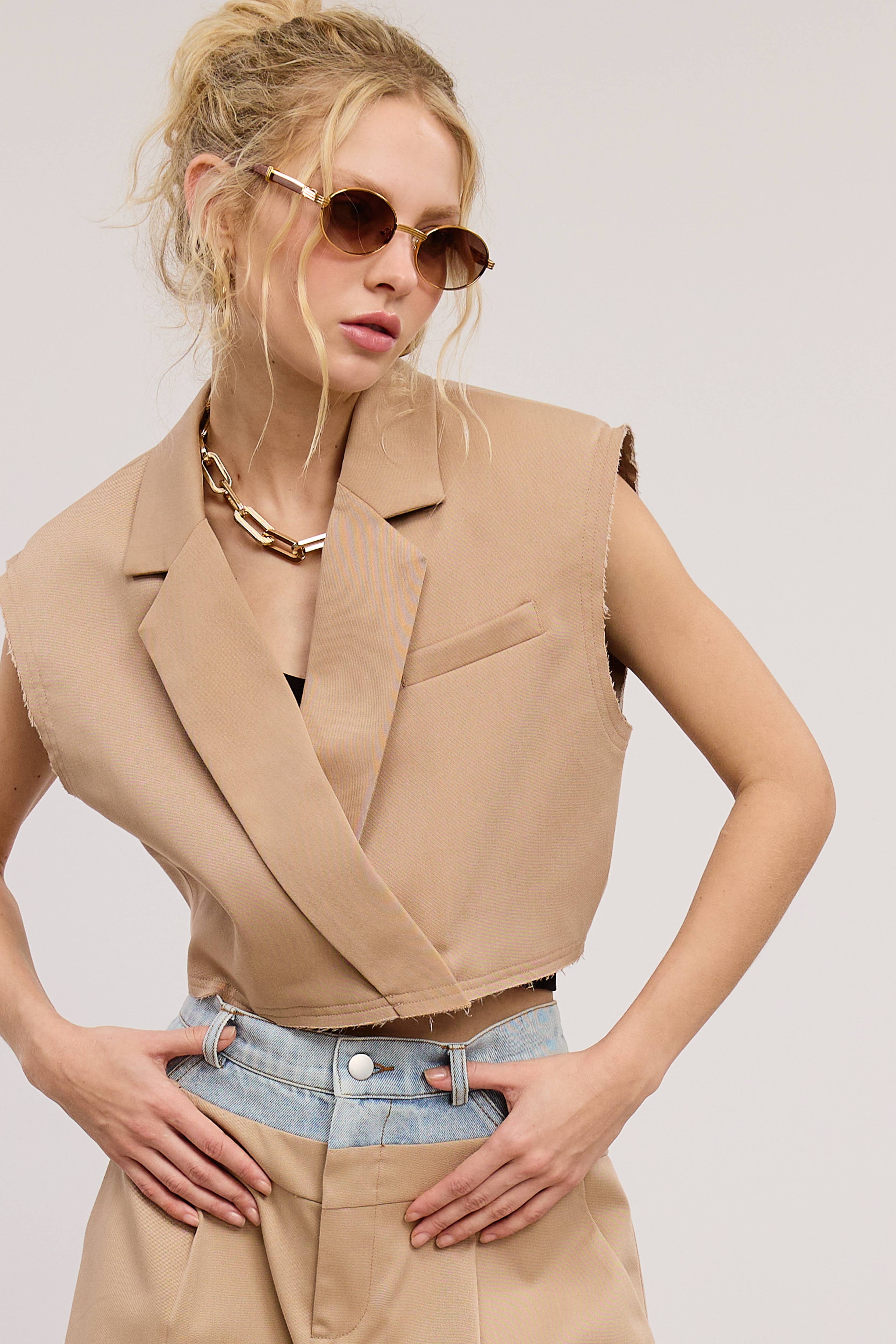 Mimosa - Wholesale Outerwear Vest - Women's - Cropped Collared Vest with Raw Hem21