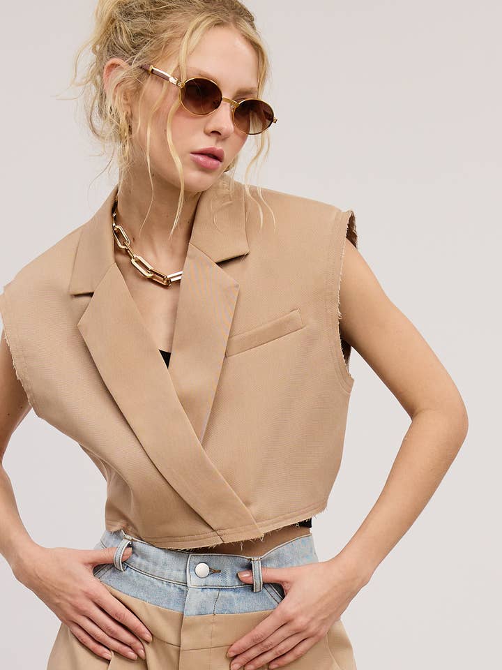 Mimosa - Wholesale Outerwear Vest - Women's - Cropped Collared Vest with Raw Hem21