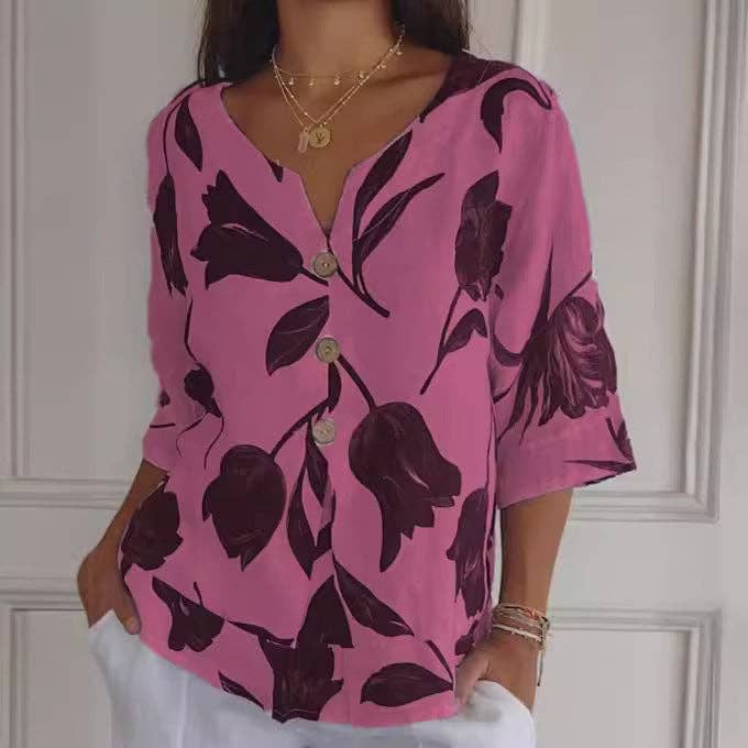 pinkblu02 – Engroshandel Bluse - Dame – Casual blomsterprintet bomuldslinned damebluse2
