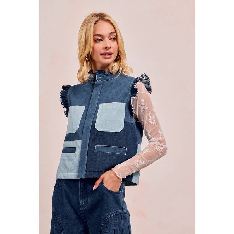 Washed Denim Vest With Block And Shirring Details for wholesale on Faire5