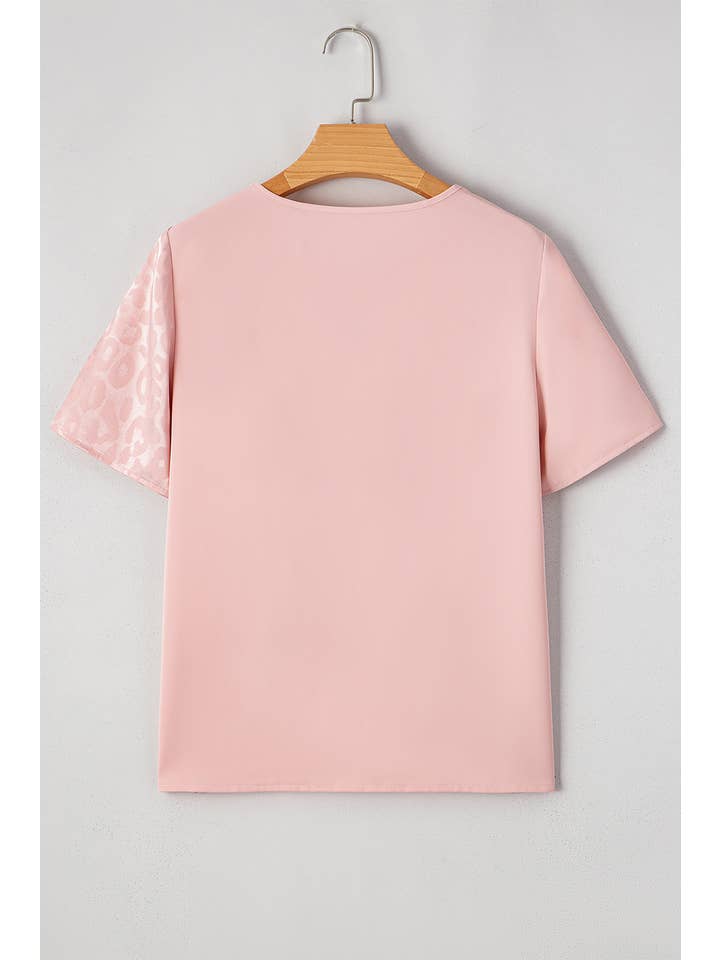 Pink Leopard Jacquard Patchwork Crisscross V-Neck Blouse (S-XL) for wholesale on Faire