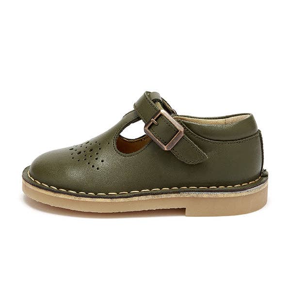 Young Soles - Wholesale Flats/loafers – Kids - Penny Velcro T-bar Shoe Olive Leather - KIDS2