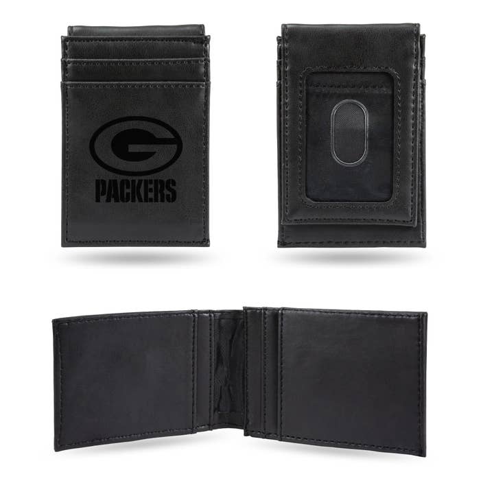 Green Bay Packers Laser Engraved Front Pocket Wallet, Black for wholesale by Rico Industries