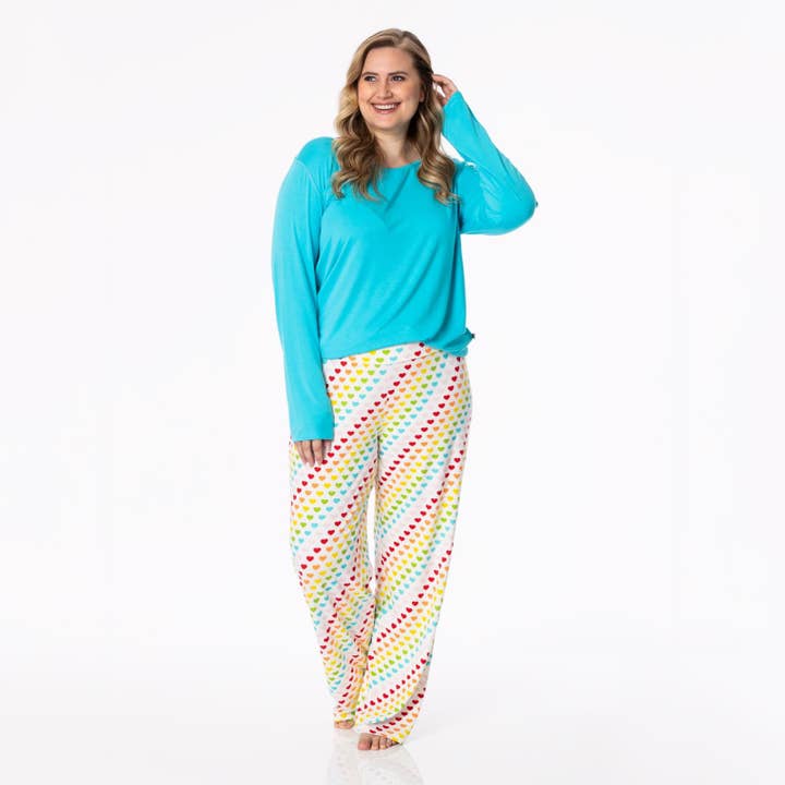 Women's Print Long Sleeve Relaxed Tee & Pajama Pants Set in Rainbow Hearts for wholesale by KicKee Pants