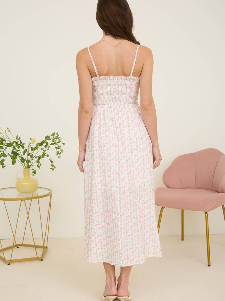 Blu Pepper - Wholesale Dress - Women's - FLORAL BOW PATTERN SPAGHETTI STRAP MIDI DRESS