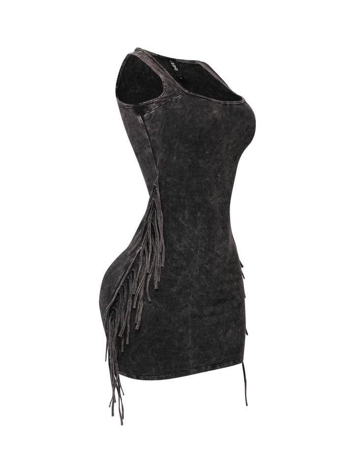 ICE CEMENT Mineral washed side fringe mini dress for wholesale on Faire