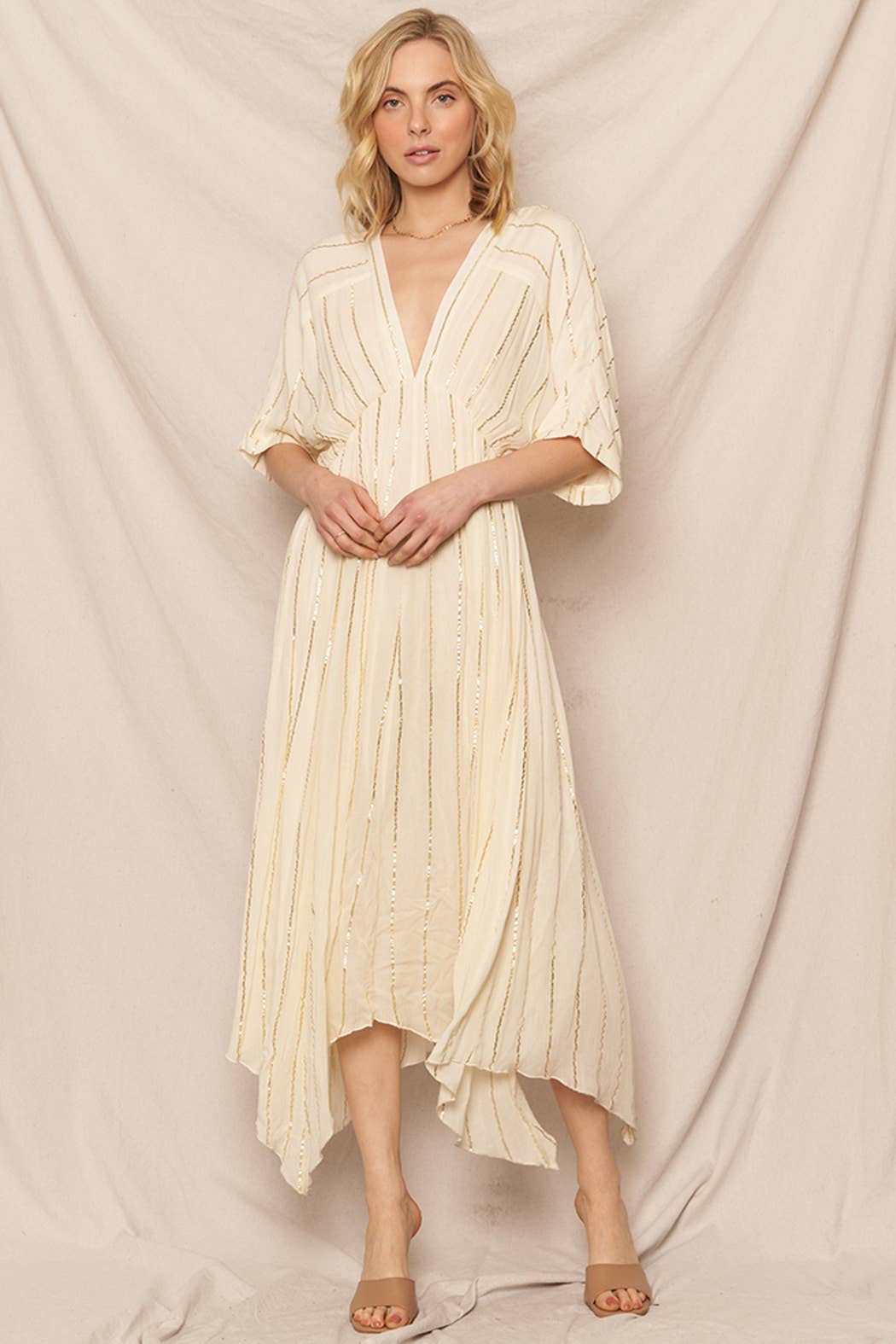 En Crème - Vente Robe – femme - Robe midi rayée à sequins7