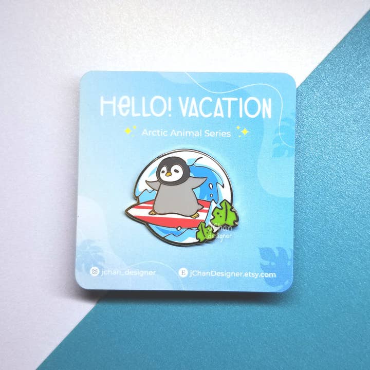 Cute Surfing Penguin Hard Enamel Pin, Kawaii Animal Red Surfboard, Chubby Pet Summer Vacation Lapel Pin, Small Gift, Free Shipping CA for wholesale by jChan Designer