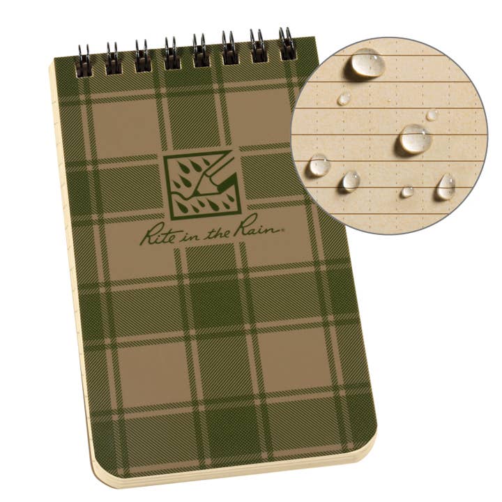 Rite in the Rain - Wholesale Notebook - Rite in the Rain 3" x 5" Top Spiral Notebook, Green Plaid