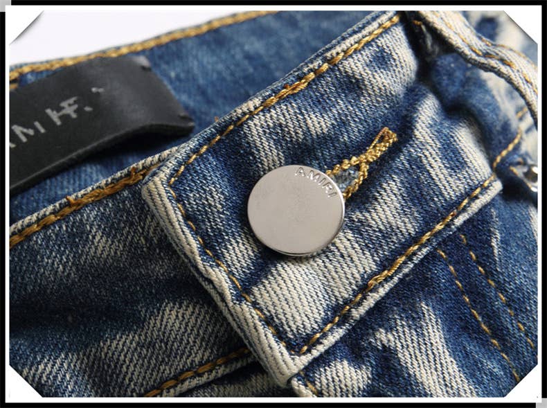 Blå Broderade slitna jeans herr slim fit skinny jeans för wholesale på Faire7