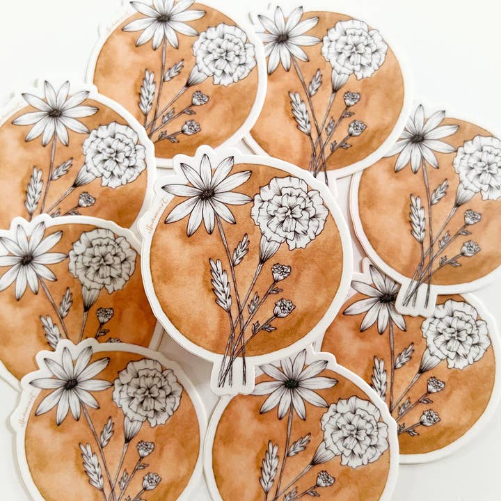 Orange Floral Sticker | Watercolor | Fine Line Bouquet | Art for wholesale by Ellamoonart