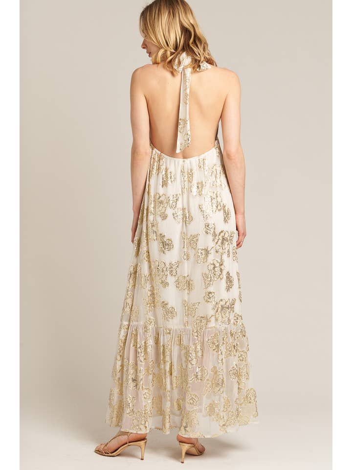 En Crème - Wholesale Dress - Women's - Halter Neck Maxi Dress with Lurex Gold Flowers
