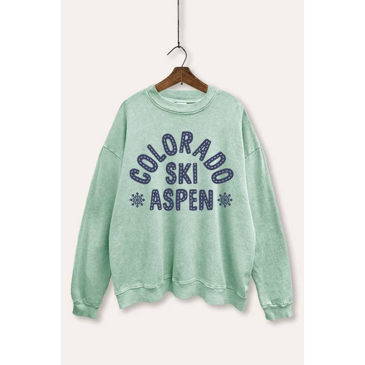 VINTAGE POINT USA - Wholesale Graphic Sweatshirt - Women's - COLORADO SKI ASPEN TYPOGRAPHY MINERAL WASH SWEATSHIRT