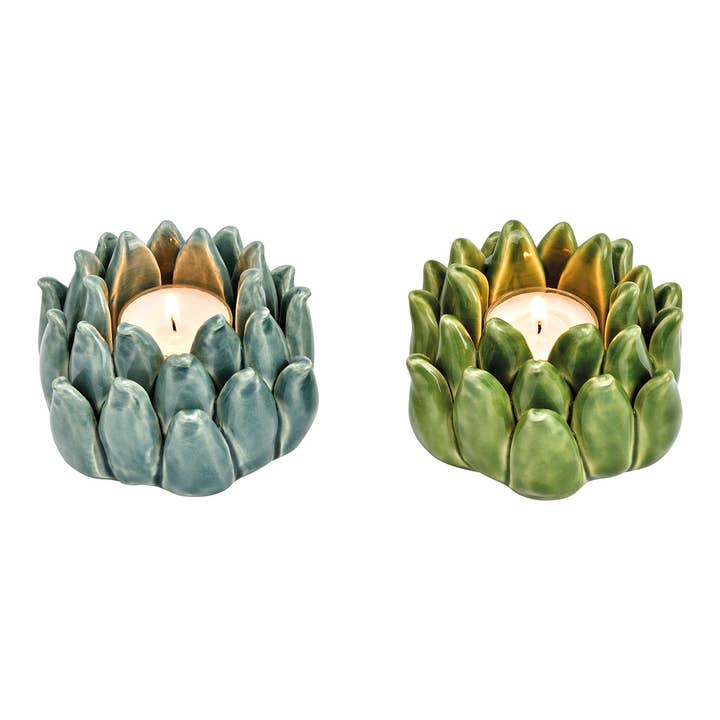 Wurm - Wholesale Christmas Decoration - Lotus tealight holder made of green ceramic, set of 2, (W/H/D) 10x7x10cm