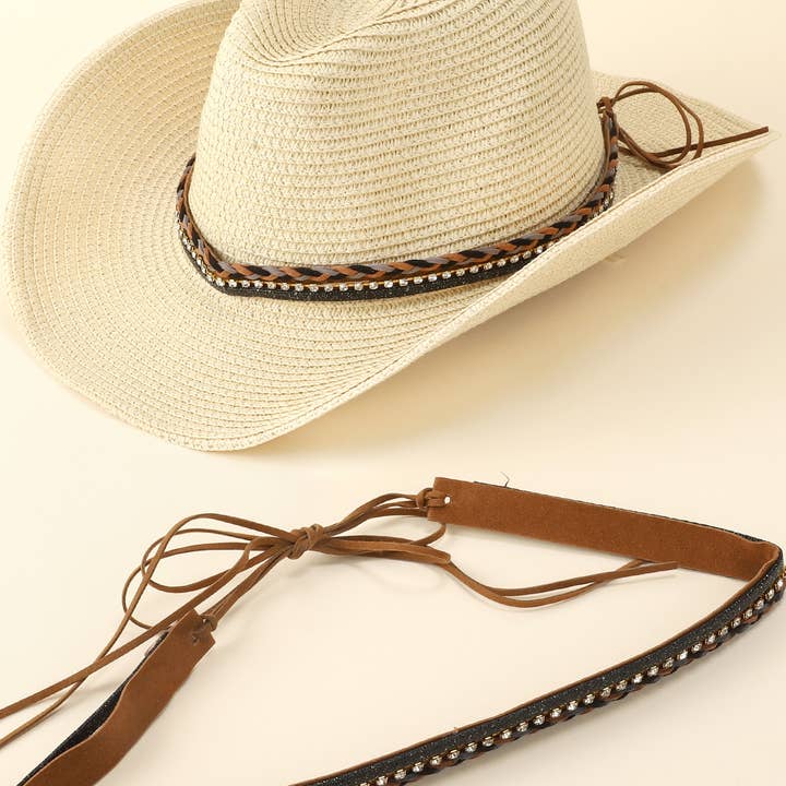 SP Sophia Collection - Wholesale Hat Accessory - Women's - Western Rhinestone Braided Leather Hat Band
