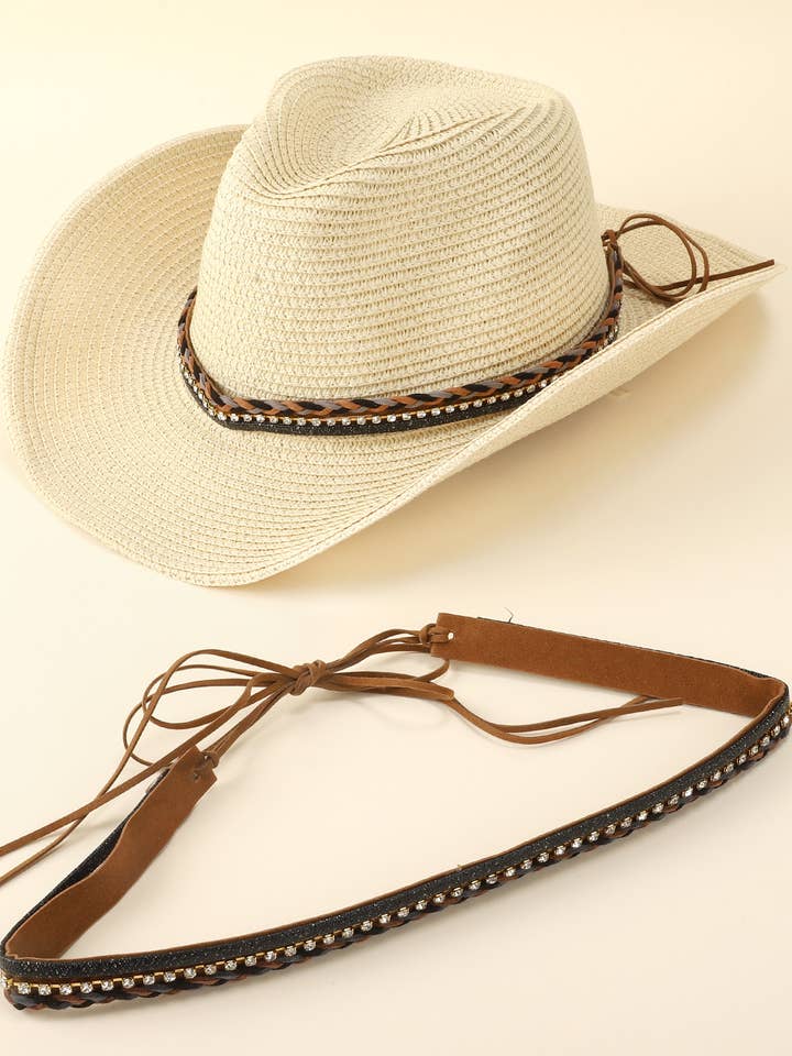 Western Rhinestone Braided Leather Hat Band for wholesale by SP Sophia Collection