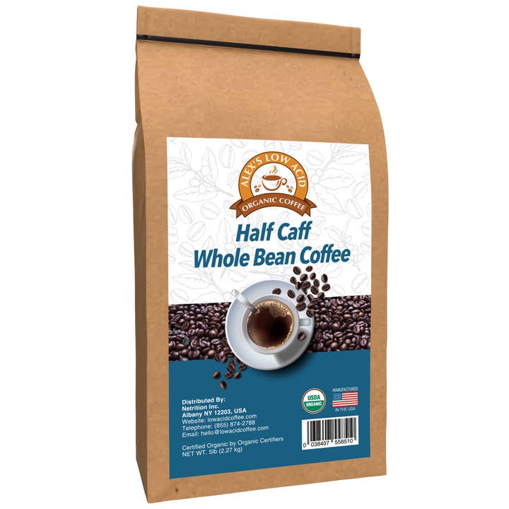 Alex's Low Acid Organic Coffee™ - Half Caff Whole Bean (5lbs) for wholesale by Alex's Low-Acid Organic Coffee