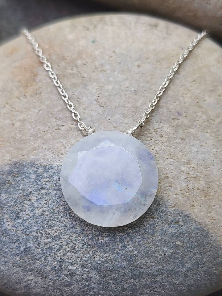 Deep Trust Necklace in Round Rainbow Moonstone + Sterling Silver for wholesale by Heart and Lotus Sterling Silver Jewelry