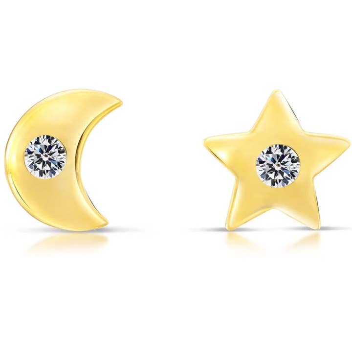 Orecchini a bottone a forma di stella e luna in oro giallo 10 carati per la vendita all'ingrosso da parte di Paris Jewelry