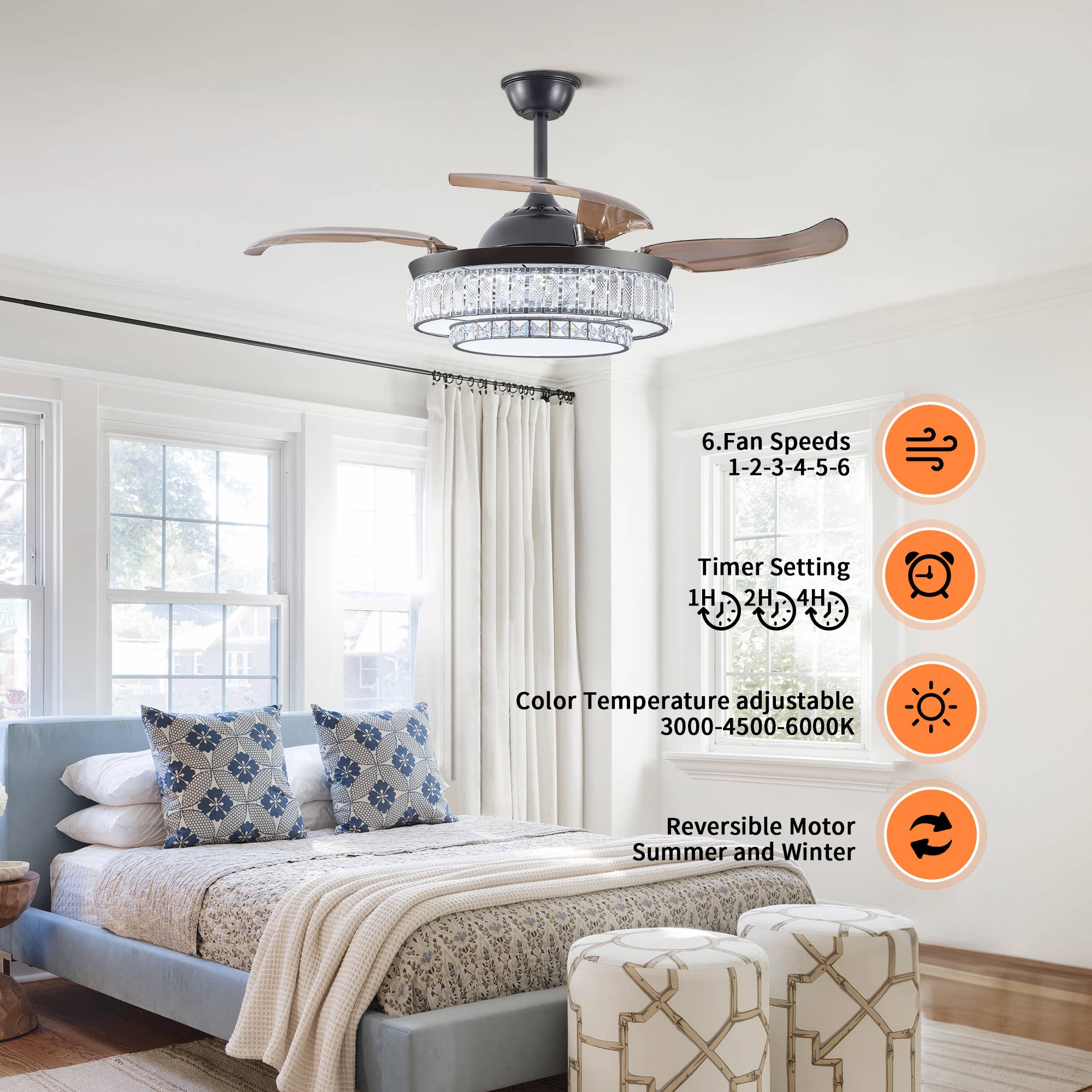 Black LED Retractable Ceiling Fan with Light and Remote Control for wholesale on Faire6