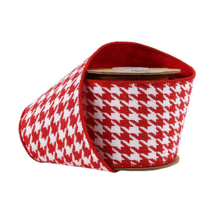 Cinta de Alambre de 4" | Pata de Gallo Rojo/Blanco con Reverso de Tafetán Rojo de Doble Capa | Rollo de 5 Yardas para venta al por mayor de LA Ribbons Wholesale