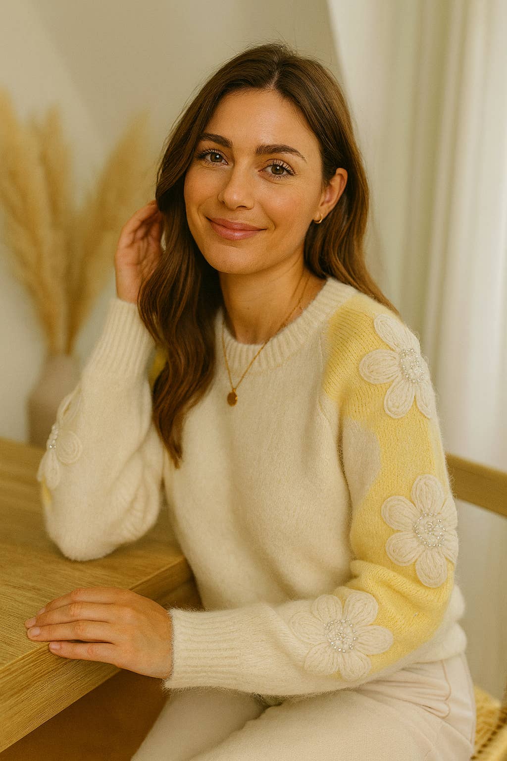 Yellow Daisy Crystal Pearl Embellished Knit for wholesale on Faire